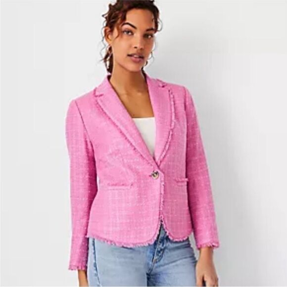 Ann Taylor Pink Fringe Tweed Cropped Blazer | Size 4 - Picture 1 of 9